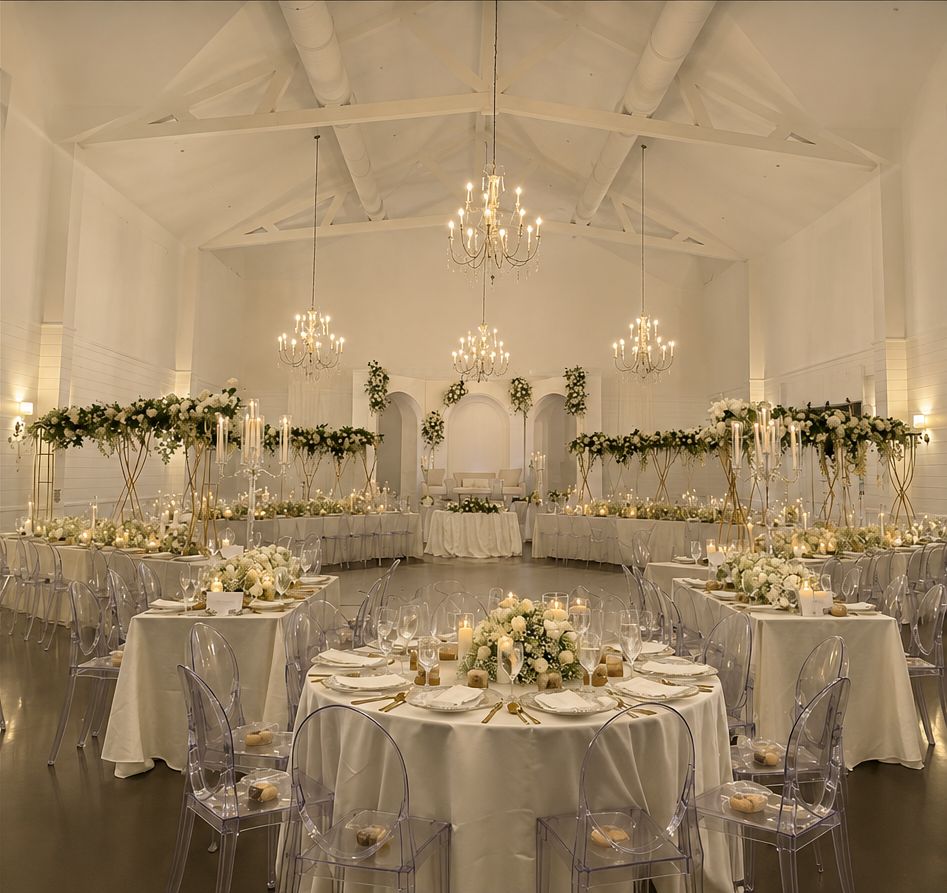 The ballroom dressed for a reception with tall floral centerpieces