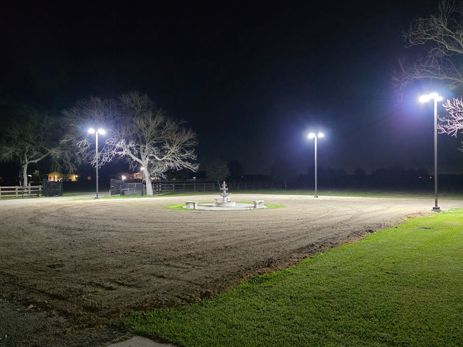 The outdoor grounds lit up at night
